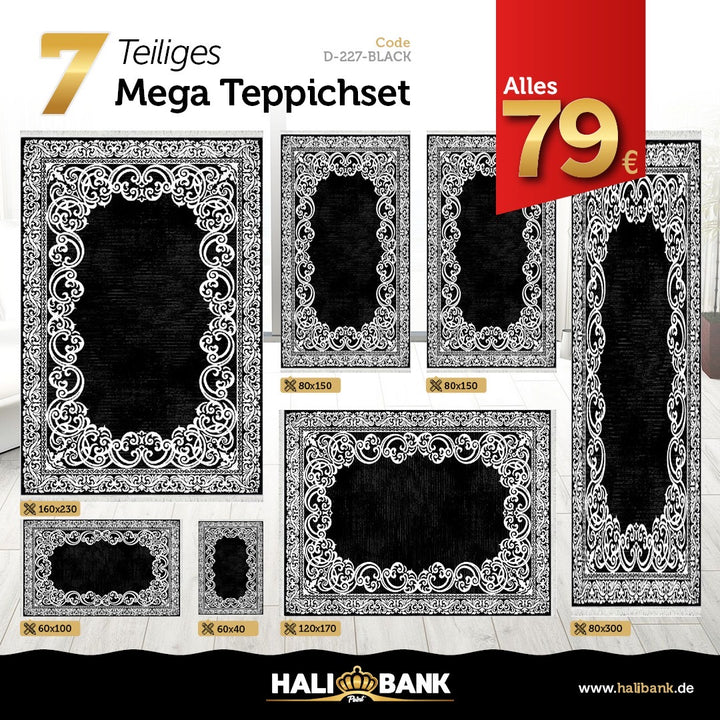 Waschbarer Teppich Set 7-teilig D-227 schwarz